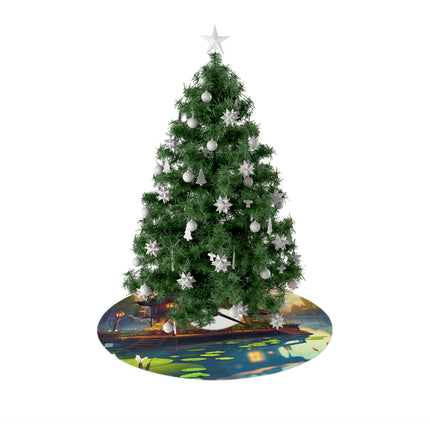 House with pond scenery design themed Christmas Tree Skirts