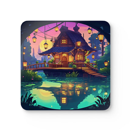 Wunderschönes Untersetzer-Set aus Korkholz mit Hauslandschaft und Teich-Design