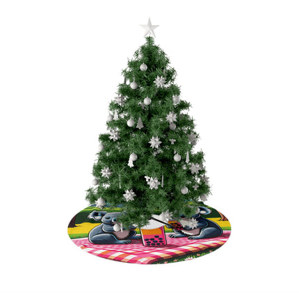 Pixel art koalas sitting on a picnic blanket, drinking colorful boba tea design themed Christmas Tree Skirts