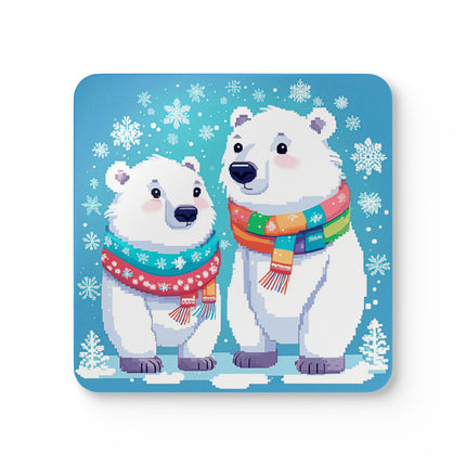 Niedliches Korkholz-Untersetzer-Set mit 2 Eisbären, die Schnee genießen