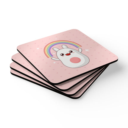 Niedliches Häschen mit Regenbogen-Design, Korkholz-Untersetzer-Set