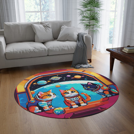 Runder Teppich mit Katzen-im-Weltraum-Design 