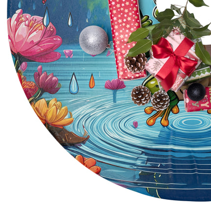 Happy pixel art frogs jumping in puddles with tiny leaf umbrellas design themed Christmas Tree Skirts