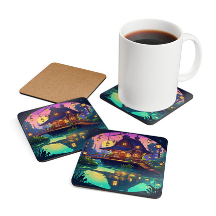 Wunderschönes Untersetzer-Set aus Korkholz mit Hauslandschaft und Teich-Design