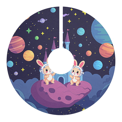 Cute 2 Bunnies In Space Pattern design themed Christmas Tree Skirts