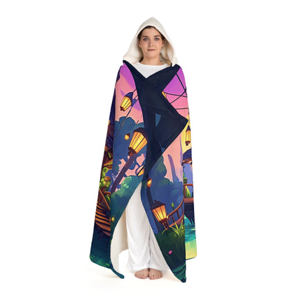 Schöne Hauslandschaft mit Teichdesign mit Kapuze Sherpa Fleece Decke 