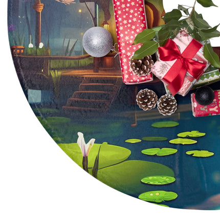 House with pond scenery design themed Christmas Tree Skirts