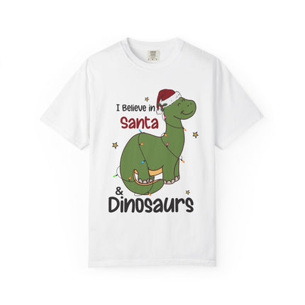 Christmas Dinosaur T-Shirt — "I Believe in Santa & Dinosaurs" Holiday Tee
