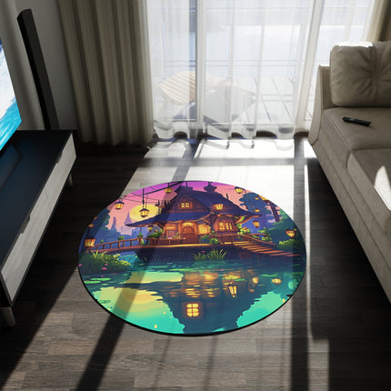 Schöne Hauslandschaft mit Teich-Design runder Teppich 