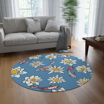 Runder Teppich mit blauem und weißem Blumenmuster 
