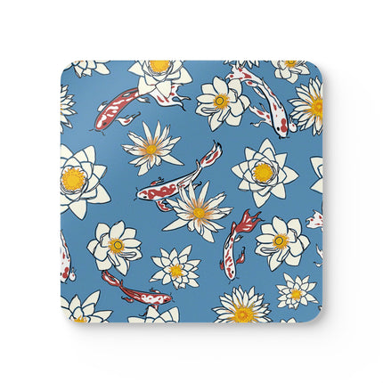Untersetzer-Set aus Korkholz mit blauem und weißem Blumenmuster