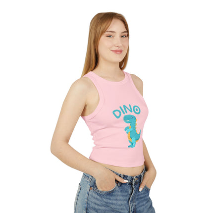 Blue Dino Graphic designed Women's Micro Rib Racer Tank Top