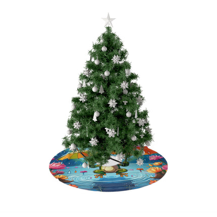 Happy pixel art frogs jumping in puddles with tiny leaf umbrellas design themed Christmas Tree Skirts