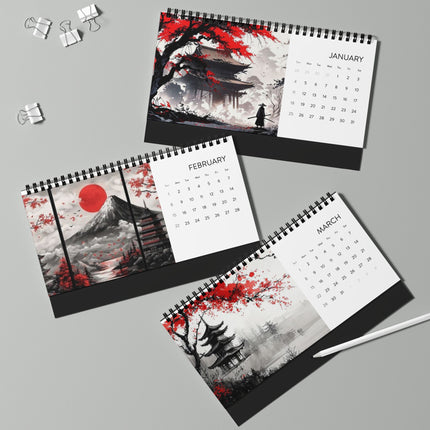 2026 Dragon Desktop Calendar — Samurai Art Grid Planner