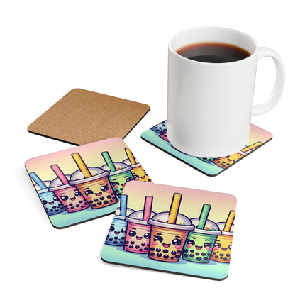 Süßes Untersetzer-Set aus Korkholz mit Boba-Tee und Freunden-Design