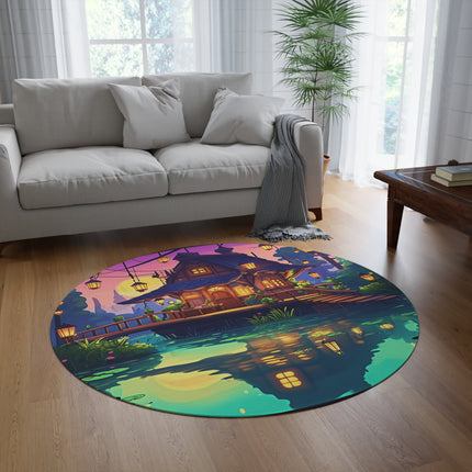 Schöne Hauslandschaft mit Teich-Design runder Teppich 
