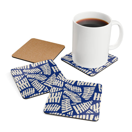 Niedliches Untersetzer-Set aus Korkholz mit blauem Muster