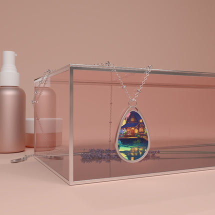 Wunderschöne Hauslandschaft mit Teich-Design, ovale Halskette 