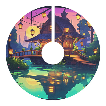 Beautiful House Scenery with pond design themed Christmas Tree Skirts