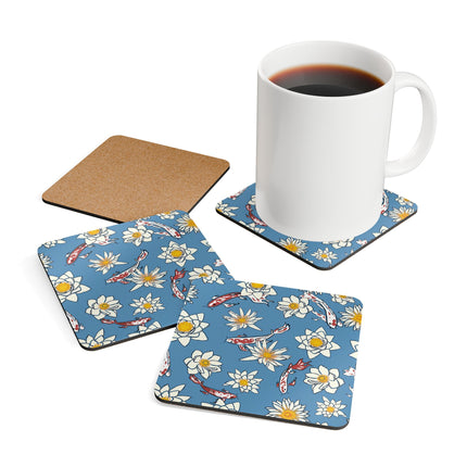 Untersetzer-Set aus Korkholz mit blauem und weißem Blumenmuster