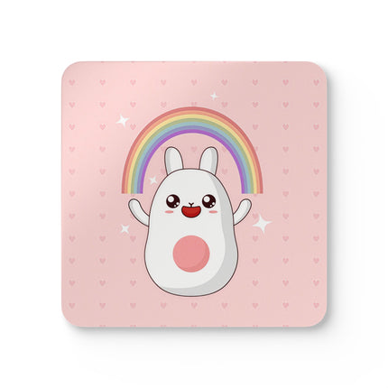Niedliches Häschen mit Regenbogen-Design, Korkholz-Untersetzer-Set