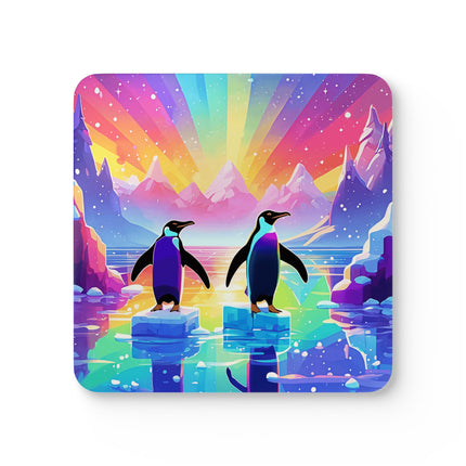 Niedliches Untersetzer-Set aus Korkholz mit 2 Pinguinen, die das Design genießen
