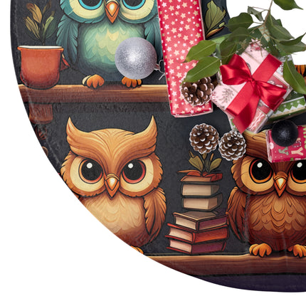 Cute Owls in book shelf design themed Christmas Tree Skirts