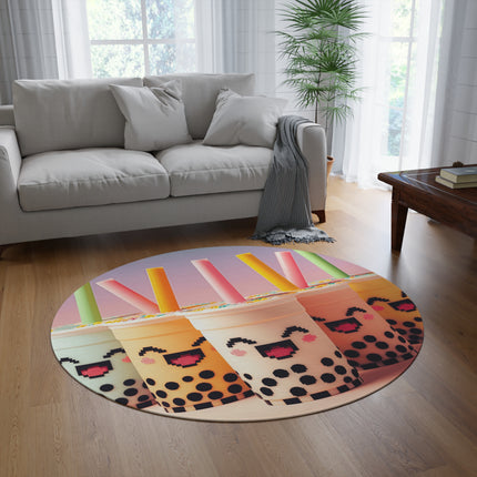 Runder Teppich mit Boba-Tee und Freunden, lächelndes Design 