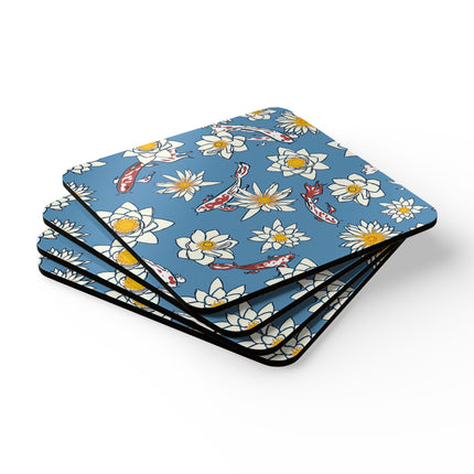 Untersetzer-Set aus Korkholz mit blauem und weißem Blumenmuster