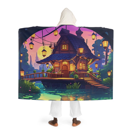 Schöne Hauslandschaft mit Teichdesign mit Kapuze Sherpa Fleece Decke 