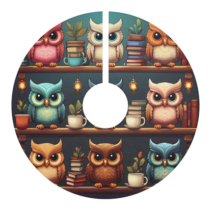 Cute Owls in book shelf design themed Christmas Tree Skirts