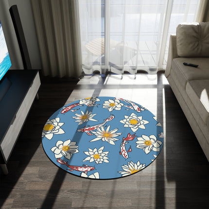 Runder Teppich mit blauem und weißem Blumenmuster 