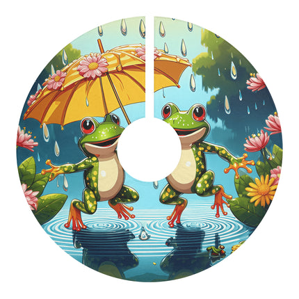 Happy pixel art 2 frogs jumping in puddles with tiny leaf umbrellas design themed Christmas Tree Skirts