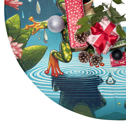 Happy pixel art 2 frogs jumping in puddles with tiny leaf umbrellas design themed Christmas Tree Skirts