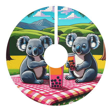 Pixel art koalas sitting on a picnic blanket, drinking colorful boba tea design themed Christmas Tree Skirts