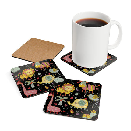 Niedliches Untersetzer-Set aus Korkholz mit Tiermuster-Design