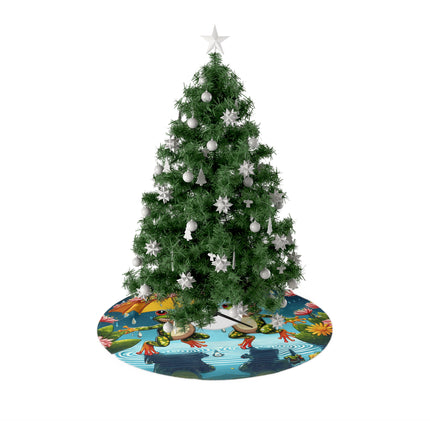 Happy pixel art 2 frogs jumping in puddles with tiny leaf umbrellas design themed Christmas Tree Skirts