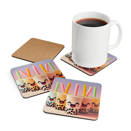 Untersetzer-Set aus Korkholz mit Boba-Tee und Freunden, lächelndes Design