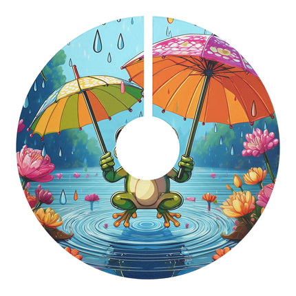 Happy pixel art frogs jumping in puddles with tiny leaf umbrellas design themed Christmas Tree Skirts